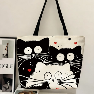 Sac fourre-tout en toile avec imprimés chats mignons et bandoulières noires