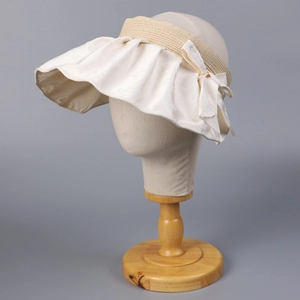 Women's jacquard satin sun hat with wide brim, straw headband and side bow detail