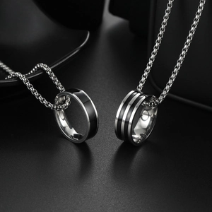 Stainless Steel Ring Pendant Necklace With Black Enamel Stripe Silver Color Box Chain Fashion Minimalist Jewelry For Couples