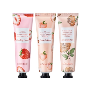 Set KORMESIC de 3 cremas de manos hidratantes con extractos de fresa melocotón y rosa