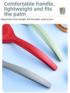 Ergonomic curved handles of nylon kitchen spatulas in red, green and grey colors