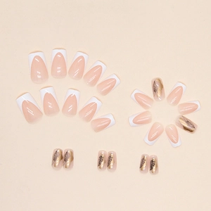 White French medium square press-on nails with golden leaf silhouette and nude base