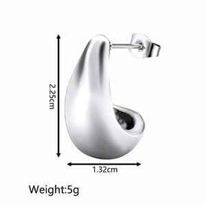 Polished silver teardrop earrings in stainless steel with size and weight dimensions