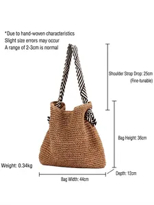 Handwoven straw tote bag with navy style knotted straps and dimensions shown on white background