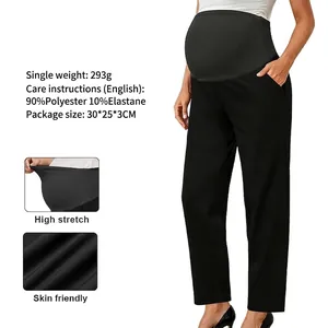 Maternity Pants Over Belly Support High Waist Elastic Straight Leg Office Casual Trousers For Pregnant Women With Pockets