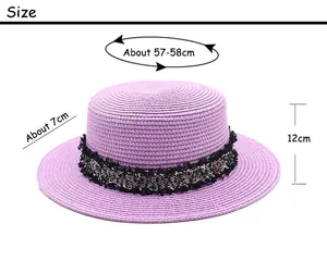 Sizing guide for a French vintage straw boater hat with a black ribbon and metal M logo