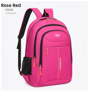 Detail of rose red backpack showing large capacity three-layer zipper and side mesh pocket