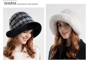 Detail of plush checkerboard bucket hat showing black houndstooth and beige faux fur fabric