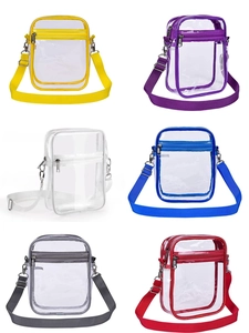 Macro view of transparent PVC crossbody bags showing six colors with adjustable straps
