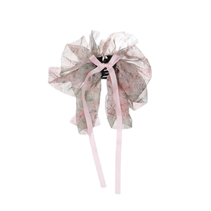 Floral organza bow hair claw clip with long pink ribbons for elegant women hairstyle