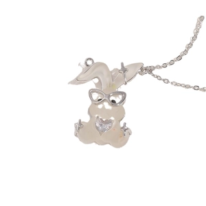 Luxury rabbit pendant necklace with white resin, glasses, heart zircon and silver chain