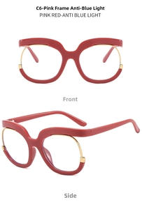 Front and side view of Y2K owl style oversized anti-blue light glasses in dark pink