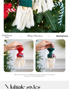 Detail of handmade knitted Christmas tree ornaments with red green hats and tassels