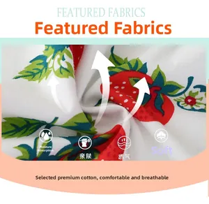 Detail of soft combed cotton fabric for girls' dress with strawberry print and breathable texture