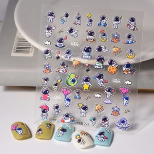 5D Relief Nail Art Stickers Cute Cartoon Astronaut Space Theme Embossed Waterproof Manicure Decals For Kids Students