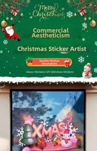 Close-up of pink Christmas window decals with 3D XMAS letters and snowman details