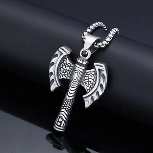 Vintage viking double-sided axe pendant in stainless steel with thick box chain