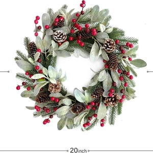 20-inch Christmas wreath with red berries, pine needles and natural pine cones on white background