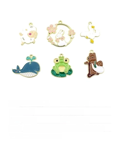 Detail view of 6 DIY cartoon animal charms made of colorful enamel and zinc alloy