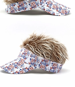 Detail of creative visor hat featuring brown synthetic hair and festive star typography