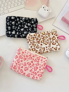 Floral print coin purse set with heart leopard pattern and convenient pink lanyards