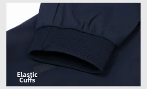 Detail of navy blue elasticated ribbed cuffs on men's jacket for wind resistance