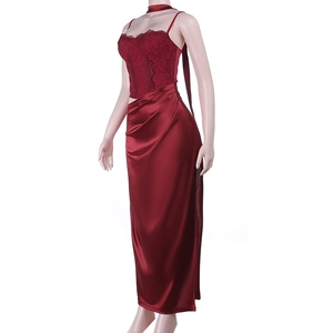 Detail of burgundy lace top and satin slit skirt on a mannequin with clean white background