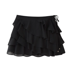 Women's chic black tiered ruffle mini skirt set with layered chiffon boho design