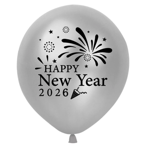 Silver Happy New Year 2026 balloon with black fireworks print for party decoration