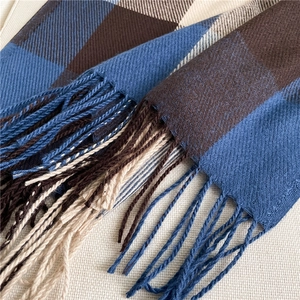 Close-up of thick plaid scarf texture with brown blue beige weave and tassel detail