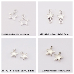 Detailed size specifications for alloy star pendants in 13x10mm, 15x8mm, 9x7mm and 11x10mm
