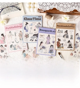 Macro detail of Mori style aesthetic girl stickers for DIY scrapbooking and planners