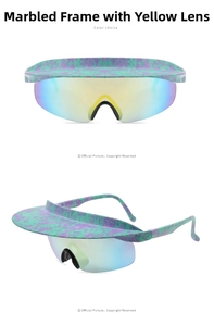 Detail of rimless sports visor sunglasses with marbled purple-green frame and yellow lens