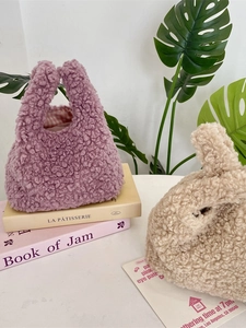 Plush lamb wool fuzzy handbag for women in soft light purple and beige teddy fleece