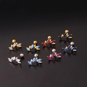 16G stainless steel stud earrings with colorful marquise leaf-shaped cubic zirconia stones