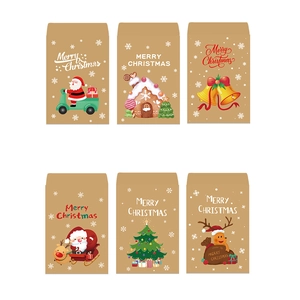 Detailed 2x3 grid view of six assorted Christmas kraft paper envelopes with festive illustrations