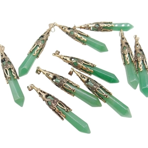Green natural crystal hexagonal prism pendants with bronze vintage flower metal caps