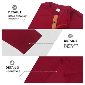 Polo Henley rouge pour homme avec vues détaillées du col, des poignets et de l'ourlet