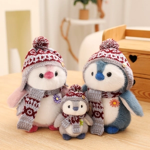 Cute Penguin Plush Toy Doll Soft PP Cotton Animal With Knitted Hat And Scarf Winter Theme Decorative Cartoon Backpack