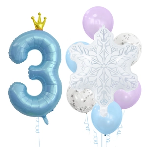 Ice theme birthday balloon set with number 3 crown and matte snowflake decorations