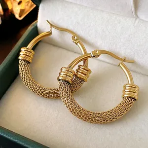 Mesh Texture Hoop Earrings Titanium Steel Stainless Steel Geometric With Silver Earring Post Retro Style For Women