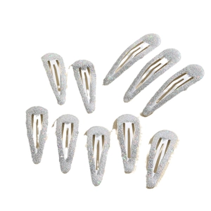 Set of 10 silver glitter teardrop snap hair clips for girls with sparkling finish