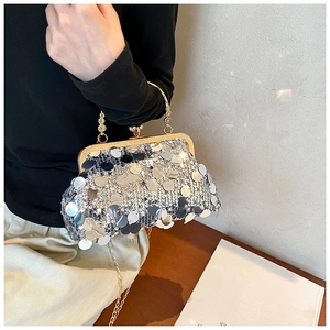 Detailed macro view of silver sequins and golden metal handle on luxury evening handbag