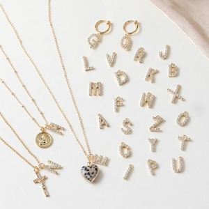 14K gold plated letter pendants with zircons for DIY jewelry necklaces and bracelets