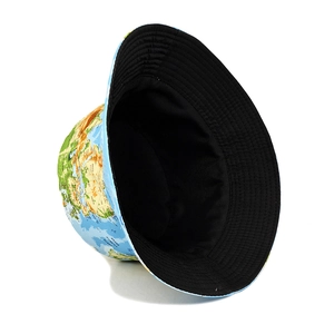Light blue world map bucket hat for sun protection with black lining and cotton canvas finish