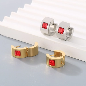 Polished stainless steel hoop earrings with red square zircon in gold and silver finish
