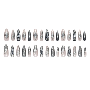 30pcs 3D butterfly and moon press on nails in long almond shape with silver cyberpunk accents