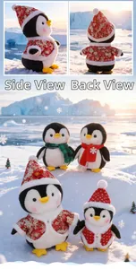 Detailed views of penguin plush toys showing side, back, and group holiday scene
