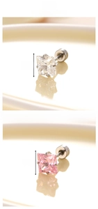 Detailed view of 6mm square pink and white zircon earrings with silver steel prong setting