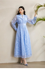 Détails de broderie bleu clair sur la robe en dentelle à manches longues et boutons